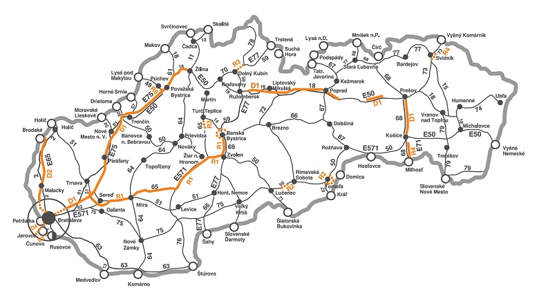 Mapa - autostrady na Słowacji